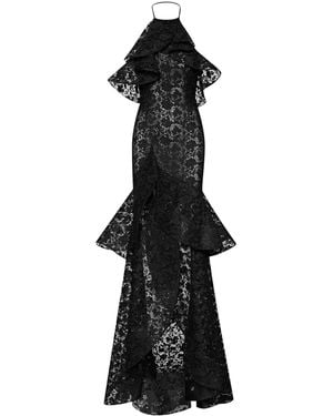 Oscar de la Renta Ruffled Guipure Lace Halterneck Gown - Black