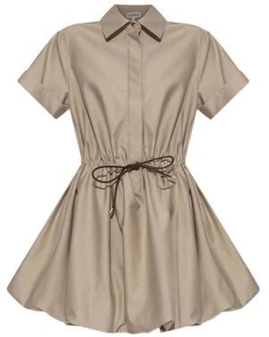 Loewe Leather-Trimmed Gathered Cotton And Silk-Blend Poplin Mini Shirt Dress - Natural