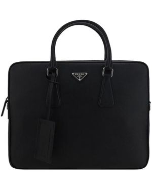 Prada Triangle-Logo Leather Briefcase - Black