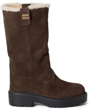 Miu Miu Shearling-Lined Suede Boots - Brown