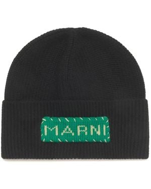 Marni Wool Fisherman's Rib Beanie With Patch - Green