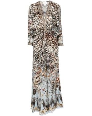 CAMILLA Twist-Front Leopard-Print V-Neck Silk Maxi Dress - White