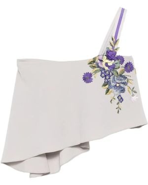 Gemy Maalouf Embroidered-Flowers One-Shoulder Top - White