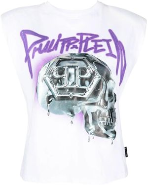 Philipp Plein Skull-Print Padded-Shoulder Tank Top - White