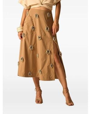 JBQ Alice Bead-Embellished Slit-Detail Midi Skirt - Brown