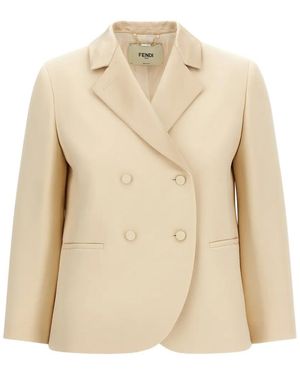 Fendi Double-Breasted Silk-Lapel Blazer - Natural