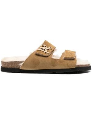 Palm Angels Brown Logo-plaque Suede Sandals - Unisex - Sheep Skin/shearling/rubber/suede - Natural