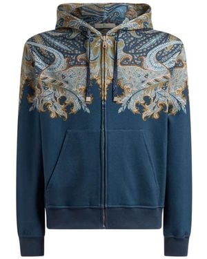 Etro Cotton-Blend Hooded Sweatshirt With Placed Paisley Pochette Print - Blue
