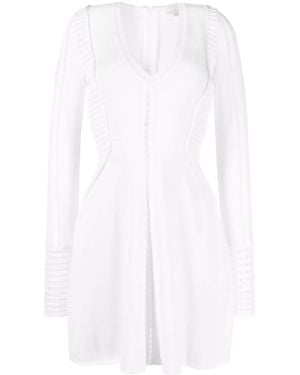 Genny Perforated-Detailing V-Neck Dress - White