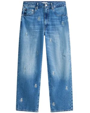 Tommy Hilfiger Crest-Embroidered Mid-Rise Barrel-Leg Denim Jeans - Blue