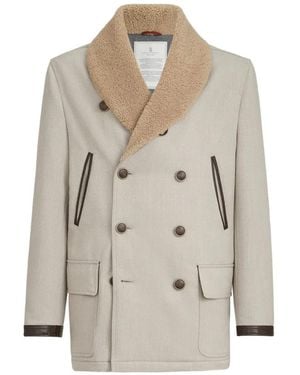 Brunello Cucinelli Wool And Cashmere Cavalry Coat With Thermore Padding And Shearling Collar - White