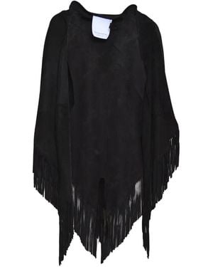 Blusotto Fringe-Trimmed Suede Poncho - Black