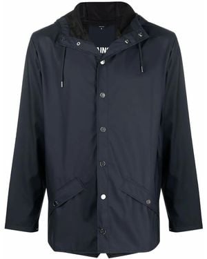 Rains Drawstring-Hooded Buttoned Rain Jacket - Blue