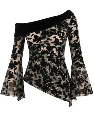 Gemy Maalouf Asymmetrical Floral-Devoré Top - Black