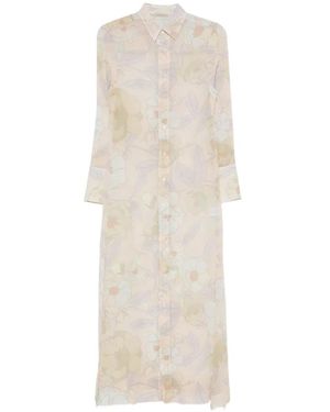 Faliero Sarti Floral-Print Long-Sleeve Shirt Midi Dress - White