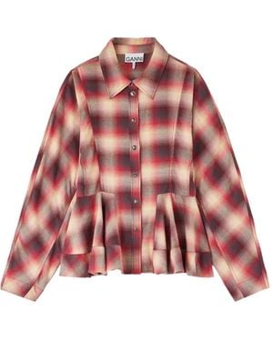Ganni Checked Peplum-Waist Shirt - Red