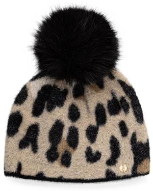 Joseph Ribkoff Leopard-Print Pompom Beanie Hat - Black
