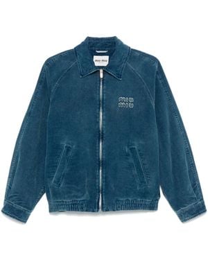 Miu Miu Cord-Bomberjacke Mit Logo-Applikation - Blau