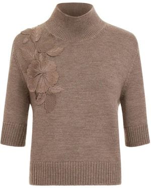 Oscar de la Renta Hibiscus-Embroidered Knit Pullover - Brown