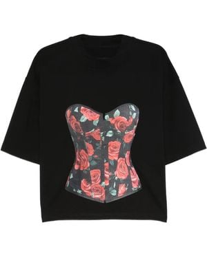 Hamza Rose-Print Corset T-Shirt - Black