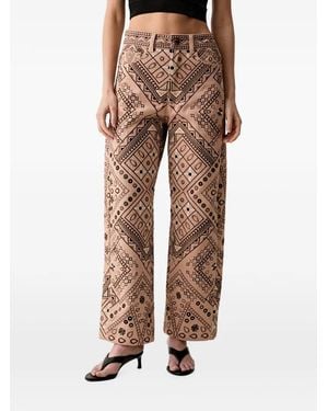 FARM Rio Geometric-Embroidered Straight-Leg Trousers - Natural