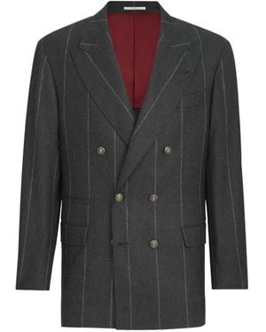 Brunello Cucinelli Wool, Silk And Cashmere Chalk Stripe Flannel One-And-A-Half Breasted Tailor Blazer With Metal Buttons - Gray