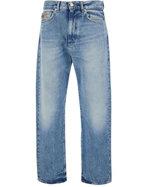 Versace Straight-Leg Denim Look Trousers With Metallic Emblem - Blue