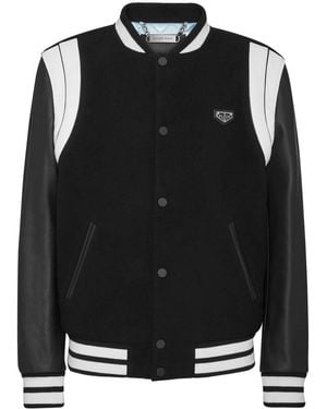 Philipp Plein Leather Sleeves Bomber Jacket - Black