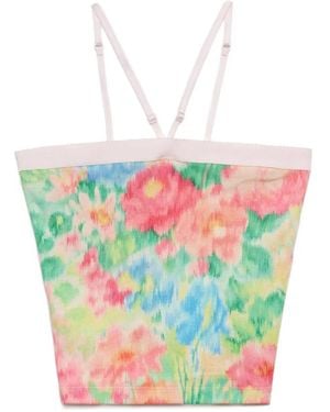 Prada Floral-Print Triangle-Logo Top - Green