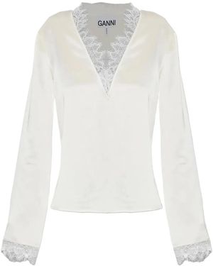 Ganni Lace-Trim Satin Blouse - White