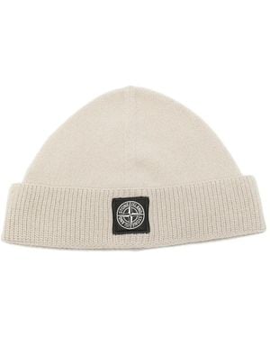 Stone Island Logo-Patch Ribbed-Trim Beanie Hat - White