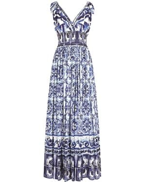 Dolce & Gabbana Maiolica Open-Back Shirred Printed Cotton-Poplin Maxi Dress - Blue