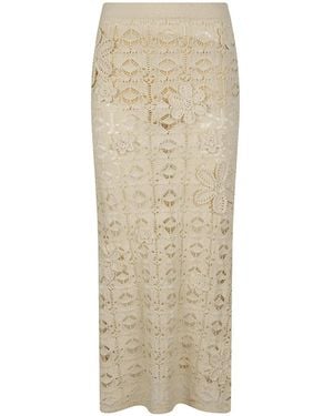 Pinko Floral-Appliqué Crochet-Knit Midi Skirt - Natural