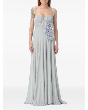 Elisabetta Franchi Floral-Applique Pleated Maxi Dress - Grey