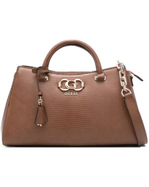 Guess Logo-Plaque Snakeskin-Effect Shoulder Bag - Brown