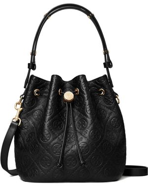 Tory Burch T-Monogram Textured Bucket Bag - Black