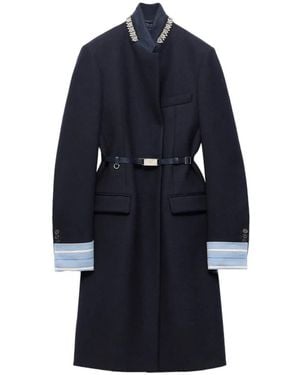 Prada Single-Breasted Embroidered Double Wool Coat - Blue