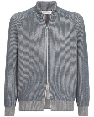 Brunello Cucinelli Cashmere Vanisé English Rib High-Neck Cardigan With Zipper - Grey