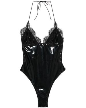 Oséree Bañador De Látex Con Ribete De Encaje - Negro