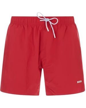 BOSS Logo-Print Drawstring Swim Shorts - Red