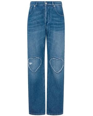 Moschino Straight-Leg Denim Trousers With Frayed Heart Patches - Blue