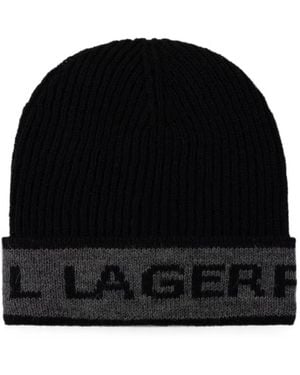 KARL LAGERFELD Logo-Intarsia Ribbed Beanie Hat - Black