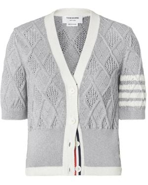 Thom Browne Argyle Pointelle 4-Bar Cardigan - Grey