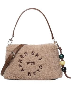 V73 Teddy-Effect Embroidered Shoulder Bag - Natural