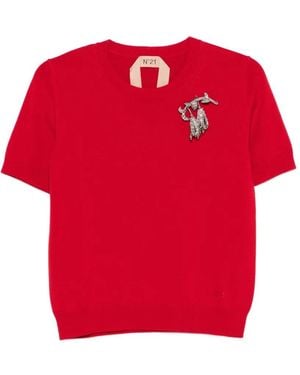 N°21 Brooch-Detail T-Shirt - Red