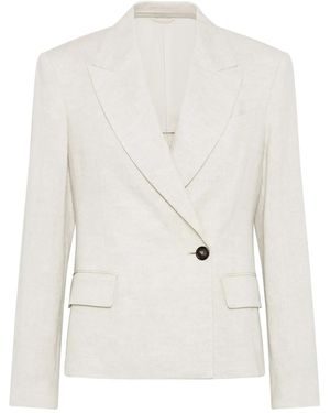 Brunello Cucinelli Linen Sparkling Canvas Blazer With Monili - White