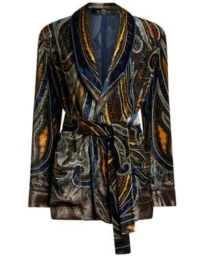 Etro Velvet Jacket With Belt And Paisley Motif - Black