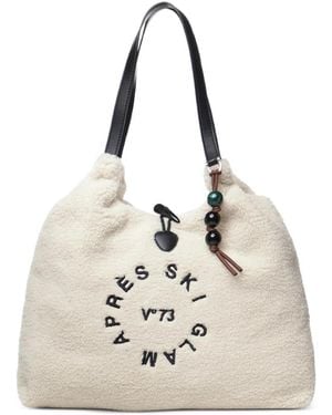 V73 Teddy-Effect Embroidered Shoulder Bag - Natural