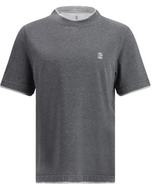 Brunello Cucinelli Crew-Neck Embroidered-Logo T-Shirt - Grey