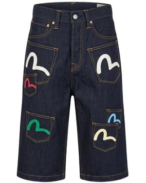 Evisu Seagull-Print Multi-Pocket Denim Shorts - Blue